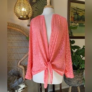 Dana Buchman Sheer Long Sleeve Blouse Romantic Top Coral Pink Large